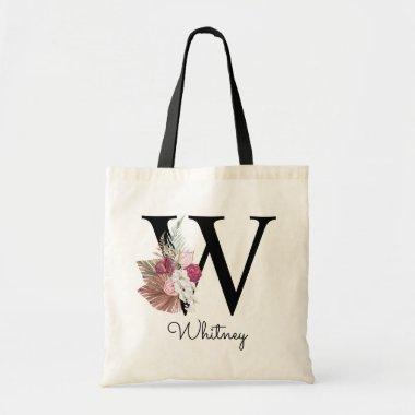 Monogrammed Initial W Pink Boho Girly Floral Tote Bag