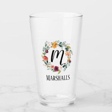 Monogrammed Last Name, Bridal Shower Floral Favor Glass