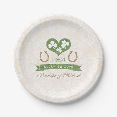 Monogrammed Lucky Horseshoe and Shamrock Wedding Paper Plates