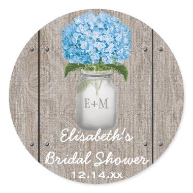 Monogrammed Mason Jar Blue Hydrangea  Classic Round Sticker