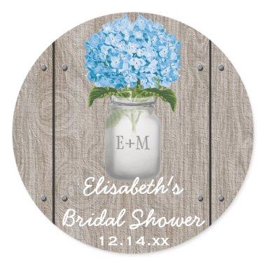 Monogrammed Mason Jar Blue Hydrangea Bridal Shower Classic Round Sticker