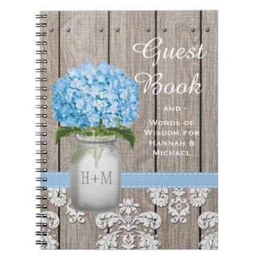 Monogrammed Mason Jar Blue Hydrangea Guest Book
