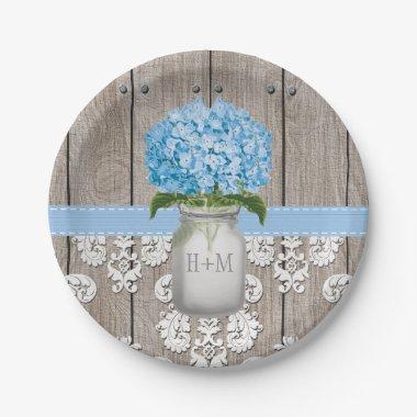 Monogrammed Mason Jar Blue Hydrangea Wedding Paper Plates