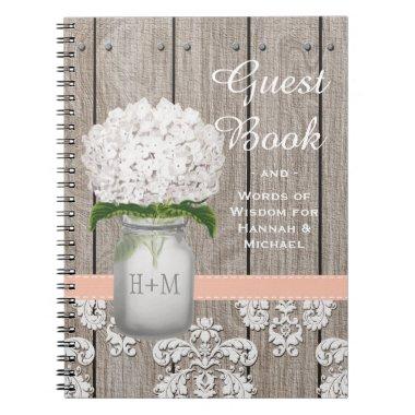 Monogrammed Mason Jar Coral Hydrangea Guest Book