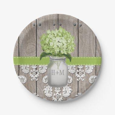 Monogrammed Mason Jar Green Hydrangea Wedding Paper Plates