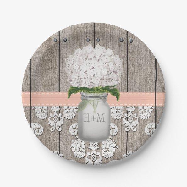 Monogrammed Mason Jar Peach Hydrangea Wedding Paper Plates