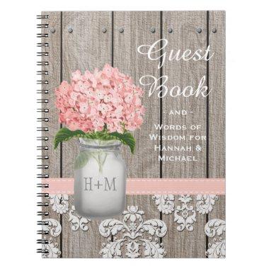 Monogrammed Mason Jar Pink Hydrangea Guest Book