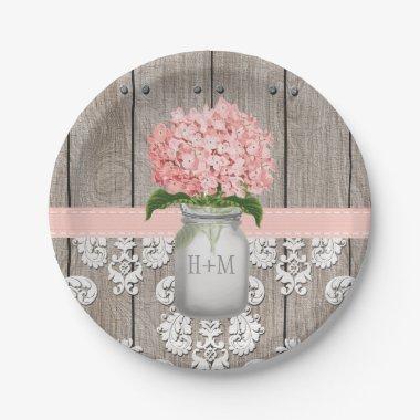 Monogrammed Mason Jar Pink Hydrangea Wedding Paper Plates