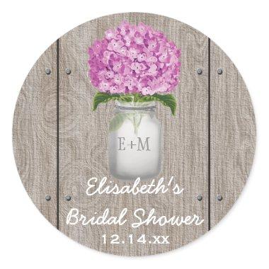 Monogrammed Mason Jar Plum Hydrangea Bridal Shower Classic Round Sticker