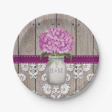 Monogrammed Mason Jar Plum Hydrangea Wedding Paper Plates