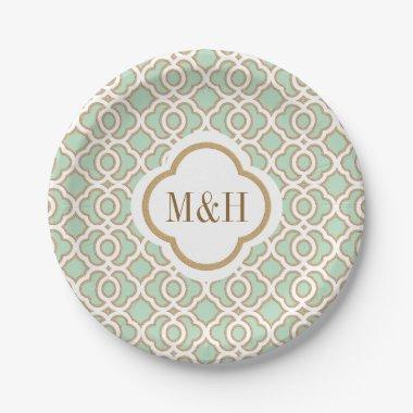 Monogrammed Mint Green and Gold Moroccan Wedding Paper Plates
