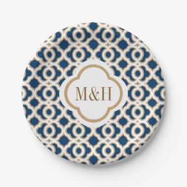 Monogrammed Navy and Gold Moroccan Wedding Paper Plates
