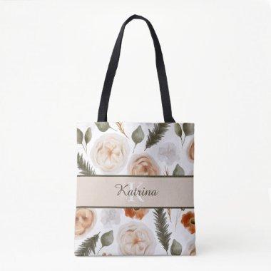 Monogrammed Peach Watercolor Floral Tote Bag