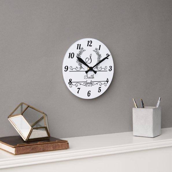 Monogrammed Personalized Family Name Script Leaves Round Clock