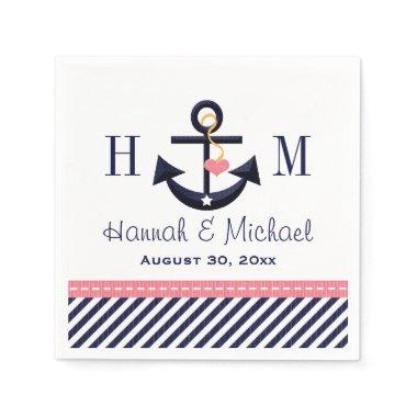 Monogrammed Pink and Navy Anchor Nautical Wedding Paper Napkins