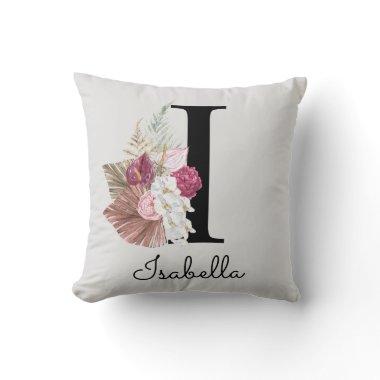 Monogrammed Pink Boho Floral Initial I Throw Pillow