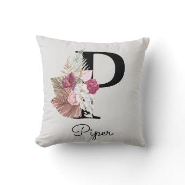 Monogrammed Pink Boho Floral Initial P Throw Pillow