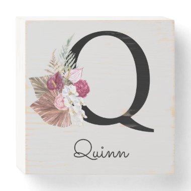 Monogrammed Pink Boho Floral Initial Q Wooden Box Sign