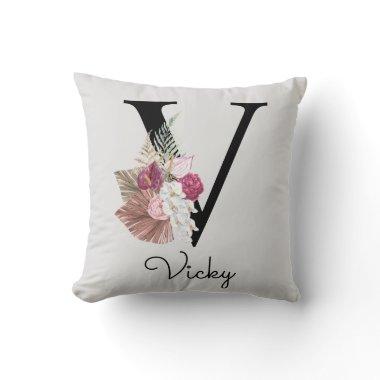 Monogrammed Pink Boho Floral Initial V Throw Pillow