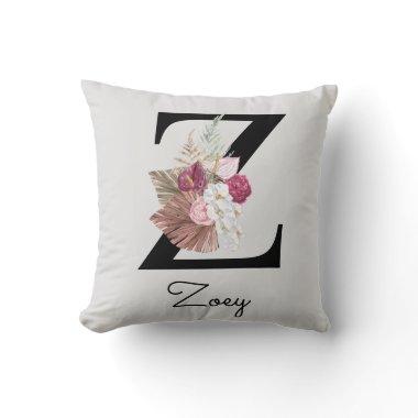 Monogrammed Pink Boho Floral Initial Z Throw Pillow