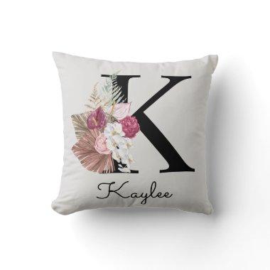 Monogrammed Pink Floral Initial K Throw Pillow