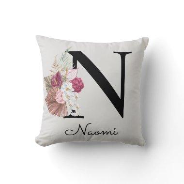Monogrammed Pink Floral Initial N Throw Pillow