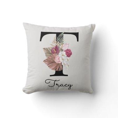 Monogrammed Pink Floral Initial T Throw Pillow