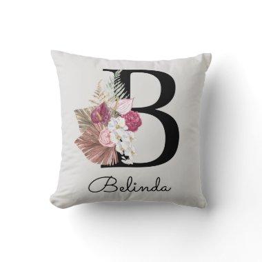 Monogrammed Pink Modern Floral Initial B Throw Pillow