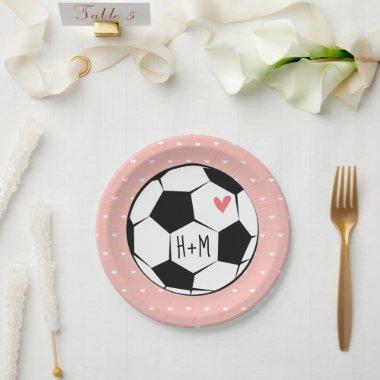 Monogrammed Pink Soccer Ball Wedding Paper Plates