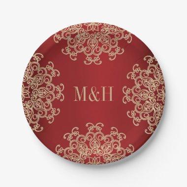 Monogrammed Red and Gold Indian Style Wedding Paper Plates