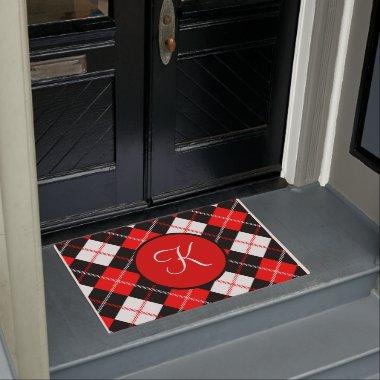 Monogrammed Red Black White Argyle Plaid Doormat