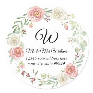 Monogrammed Return Address Blush Ivory Rose Floral Classic Round Sticker