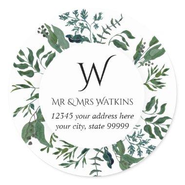 Monogrammed Return Address Emerald Forest Foliage Classic Round Sticker