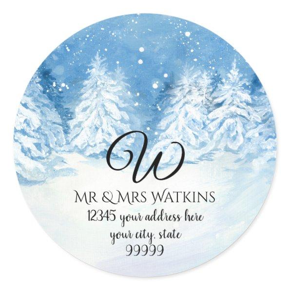 Monogrammed Return Address Snowy Winter Trees Classic Round Sticker