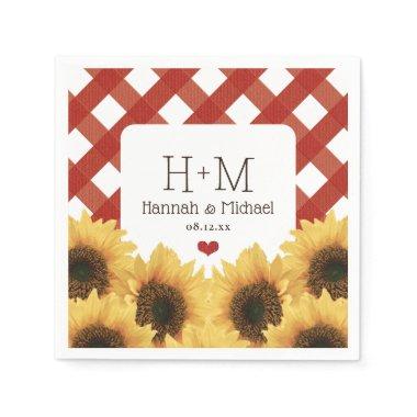 Monogrammed Sunflower and Red Gingham Wedding Napkins