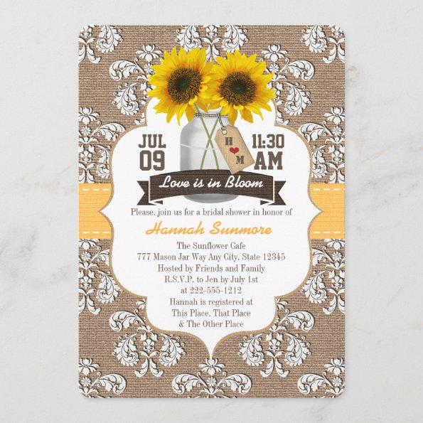 Monogrammed Sunflower Mason Jar Bridal Shower Invitations