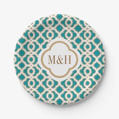 Monogrammed Teal and Gold Moroccan Wedding Paper Plates