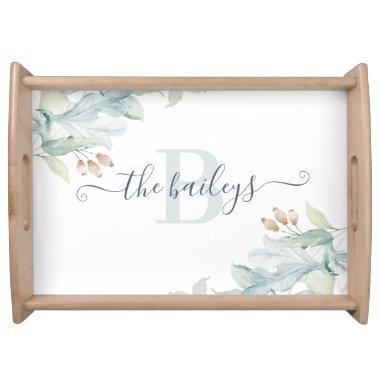 Monogrammed Watercolor Blue Floral Serving Tray