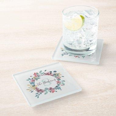 Monogrammed Watercolor Floral Glass Coaster
