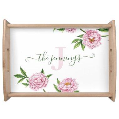 Monogrammed Watercolor Pink Peony Serving Tray