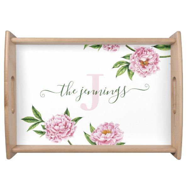 Monogrammed Watercolor Pink Peony Serving Tray