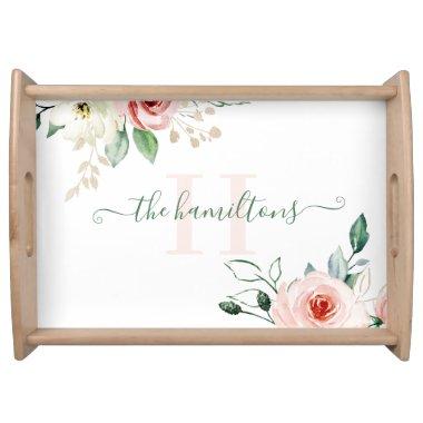 Monogrammed Watercolor Pink Rose Serving Tray