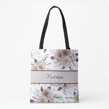 Monogrammed Watercolor Rose Tote Bag