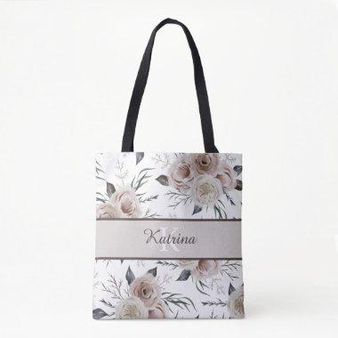 Monogrammed Watercolor Rose Tote Bag