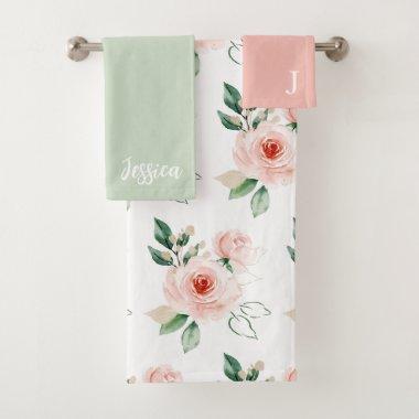 Monogrammed Watercolor Rose Towel Set