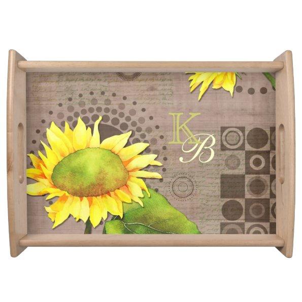 Monogrammed Watercolor Sunflowers Serving Tray