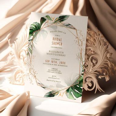 Monstera Gold & Green Bridal Shower Geometric Invitations