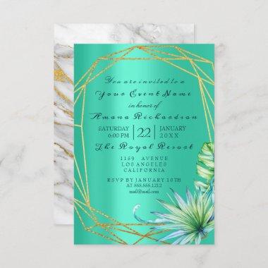 Monstera Mint Tropic Marble Gold Birthday Bridal Invitations