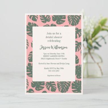 Monstera Plant Botanical Pink Green Bridal Shower Invitations