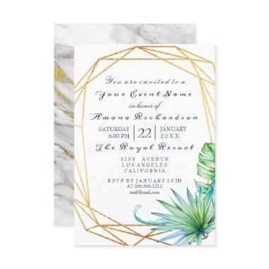 Monstera White Tropic Marble Gold Birthday Bridal Invitations